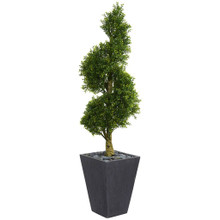 5 Feet Boxwood Spiral Topiary Artificial Tree in Slate Planter UV Resistant (Indoor/Outdoor)