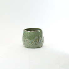 Large Green Reactive Ceramic Bowl with Fern Print - 8 Pieces