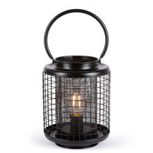 Black Metal Lighted Lantern with LED Bulb and Timer, 7"H