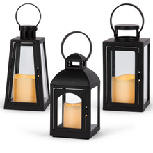 2 Sets of 3 Black Plastic Lantern with Warm White LED Candle w/ Timer - 6 Lanterns