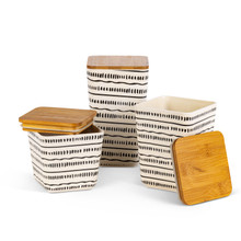 4 Sets of 3 Black & White Dashed Line Design Bamboo Fiber Nested Containers with Lids - 12 Containers