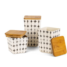 4 Sets of 3 Black & White Faded X Design Bamboo Fiber Nested Containers with Lids - 12 Containers
