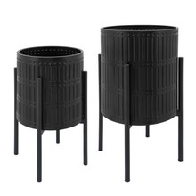 S/2 Ridged Planters In Metal Stand, Black