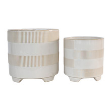 Cer, S/2 6/8" Textured Footed Planters, Beige