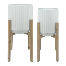 S/2 Ridged Planters In Wood Stand, White