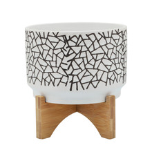 7" Crackled Planter W/ Wood Stand, White