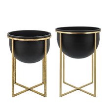 Metal S/2 11/12" Planters W/ Stand, Blk/gold