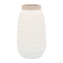 Cer, 10"h Carved Vase, Beige