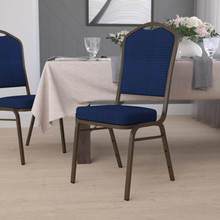 HERCULES Series Crown Back Stacking Banquet Chair in Navy Blue Patterned Fabric - Gold Vein Frame [FLF-FD-C01-GOLDVEIN-208-GG]