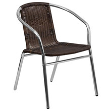 Commercial Aluminum and Dark Brown Rattan Indoor-Outdoor Restaurant Stack Chair