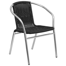 Commercial Aluminum and Black Rattan Indoor-Outdoor Restaurant Stack Chair