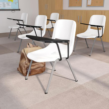 White Ergonomic Shell Chair with Left Handed Flip-Up Tablet Arm [FLF-RUT-EO1-WH-LTAB-GG]