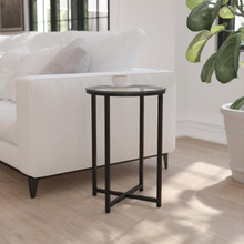 Greenwich Collection End Table - Modern Clear Glass Accent Table with Crisscross Matte Black Frame [FLF-NAN-JH-1786ET-BK-GG]