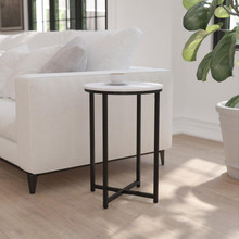 Hampstead Collection End Table - Modern White Marble Finish Accent Table with Crisscross Matte Black Frame [FLF-NAN-JH-1787ET-MRBL-BK-GG]