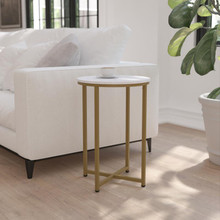 Hampstead Collection End Table - Modern White Marble Finish Accent Table with Crisscross Brushed Gold Frame [FLF-NAN-JH-1787ET-MRBL-GG]