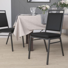 HERCULES Series Square Back Stacking Banquet Chair in Black Vinyl with Silvervein Frame [FLF-FD-LUX-SIL-BK-V-GG]