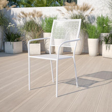 Oia Commercial Grade White Indoor-Outdoor Steel Patio Arm Chair with Square Back [FLF-CO-2-WH-GG]