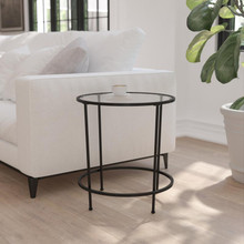 Astoria Collection Round End Table - Modern Clear Glass Accent Table with Matte Black Frame [FLF-NAN-JN-21750ET-BK-GG]