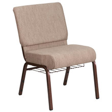 21"W Church Chair in Beige Fabric with Book Rack - Copper Vein Frame