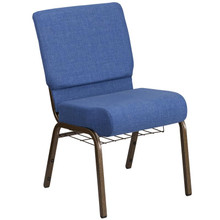 21"W Church Chair in Blue Fabric with Cup Book Rack - Gold Vein Frame
