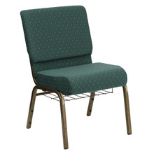 21"W Church Chair in Hunter Green Dot Patterned Fabric with Book Rack - Gold Vein Frame