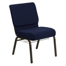 21"W Church Chair in Navy Blue Dot Patterned Fabric with Book Rack - Gold Vein Frame