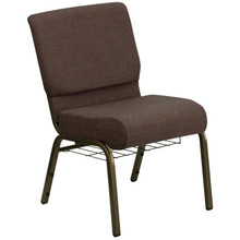 21"W Church Chair in Brown Fabric with Cup Book Rack - Gold Vein Frame