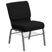 21"W Church Chair in Black Fabric with Book Rack - Silver Vein Frame