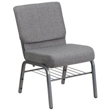 21"W Church Chair in Gray Fabric with Book Rack - Silver Vein Frame