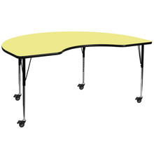 Wren Mobile 48''W x 72''L Kidney Yellow Thermal Laminate Activity Table - Standard Height Adjustable Legs [FLF-XU-A4872-KIDNY-YEL-T-A-CAS-GG]
