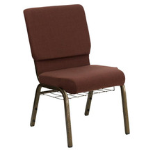 18.5"W Church Chair in Brown Fabric with Cup Book Rack - Gold Vein Frame