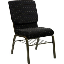 18.5"W Church Chair in Black Dot Patterned Fabric with Book Rack - Gold Vein Frame