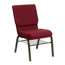 18.5"W Church Chair in Burgundy Fabric with Book Rack - Gold Vein Frame