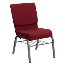 18.5"W Church Chair in Burgundy Fabric with Book Rack - Silver Vein Frame