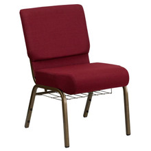 21"W Church Chair in Burgundy Fabric with Cup Book Rack - Gold Vein Frame