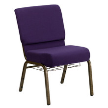 21"W Church Chair in Royal Purple Fabric with Cup Book Rack - Gold Vein Frame