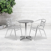 Lila 23.5'' Round Aluminum Indoor-Outdoor Table Set with 2 Slat Back Chairs [FLF-TLH-ALUM-24RD-017BCHR2-GG]