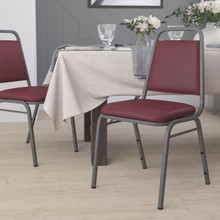 HERCULES Series Trapezoidal Back Stacking Banquet Chair in Burgundy Vinyl - Silver Vein Frame [FLF-FD-BHF-2-BY-VYL-GG]