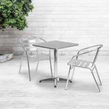 Lila 23.5'' Square Aluminum Indoor-Outdoor Table Set with 2 Slat Back Chairs [FLF-TLH-ALUM-24SQ-017BCHR2-GG]