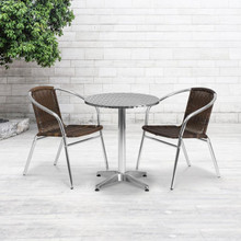 Lila 23.5'' Round Aluminum Indoor-Outdoor Table Set with 2 Dark Brown Rattan Chairs [FLF-TLH-ALUM-24RD-020CHR2-GG]