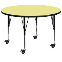 Wren Mobile 60'' Round Yellow Thermal Laminate Activity Table - Height Adjustable Short Legs [FLF-XU-A60-RND-YEL-T-P-CAS-GG]