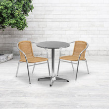 Lila 23.5'' Round Aluminum Indoor-Outdoor Table Set with 2 Beige Rattan Chairs [FLF-TLH-ALUM-24RD-020BGECHR2-GG]