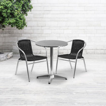 Lila 23.5'' Round Aluminum Indoor-Outdoor Table Set with 2 Black Rattan Chairs [FLF-TLH-ALUM-24RD-020BKCHR2-GG]