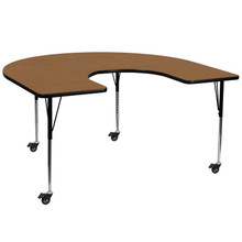 Wren Mobile 60''W x 66''L Horseshoe Oak Thermal Laminate Activity Table - Standard Height Adjustable Legs [FLF-XU-A6066-HRSE-OAK-T-A-CAS-GG]