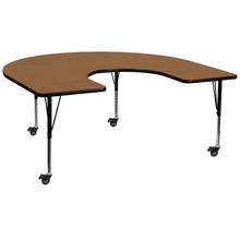 Wren Mobile 60''W x 66''L Horseshoe Oak Thermal Laminate Activity Table - Height Adjustable Short Legs [FLF-XU-A6066-HRSE-OAK-T-P-CAS-GG]