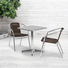 Lila 23.5'' Square Aluminum Indoor-Outdoor Table Set with 2 Dark Brown Rattan Chairs [FLF-TLH-ALUM-24SQ-020CHR2-GG]