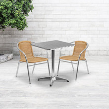 Lila 23.5'' Square Aluminum Indoor-Outdoor Table Set with 2 Beige Rattan Chairs [FLF-TLH-ALUM-24SQ-020BGECHR2-GG]