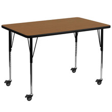 Wren Mobile 36''W x 72''L Rectangular Oak Thermal Laminate Activity Table - Standard Height Adjustable Legs [FLF-XU-A3672-REC-OAK-T-A-CAS-GG]