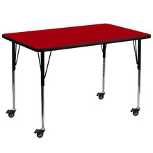 Wren Mobile 36''W x 72''L Rectangular Red Thermal Laminate Activity Table - Standard Height Adjustable Legs [FLF-XU-A3672-REC-RED-T-A-CAS-GG]