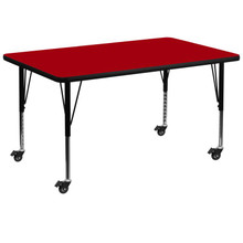 Wren Mobile 36''W x 72''L Rectangular Red Thermal Laminate Activity Table - Height Adjustable Short Legs [FLF-XU-A3672-REC-RED-T-P-CAS-GG]